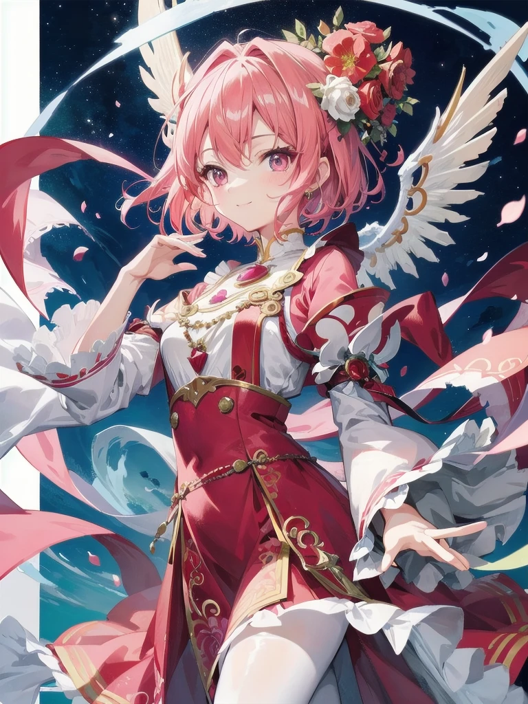masterpiece、top-quality、超A high resolution、2D beautiful girl、animesque、teens girl、Peachy Hair、short-haired、Looks like a red flower dragon、Beautiful pink eyes、The clothes are also depicted in detail、Eyes are depicted in detail、The face is depicted in detail、Sorcerer、Soio、Full body front、Gentle smile、hair adornments、animesque、illustratio