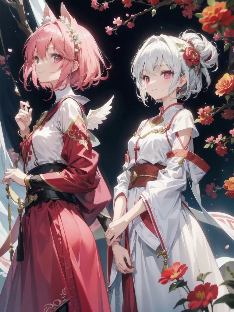 ​masterpiece、top-quality、超A high resolution、2D beautiful girl、animesque、teens girl、Peachy Hair、short-haired、Looks like a red flower dragon、Beautiful pink eyes、The clothes are also depicted in detail、Eyes are depicted in detail、The face is depicted in detail、Sorcerer、Soio、Full body front、Gentle smile、hair adornments、animesque、illustratio