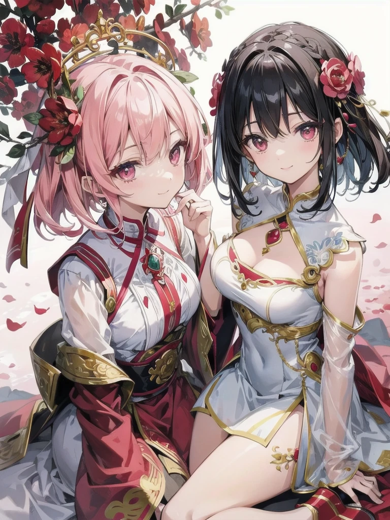 ​masterpiece、top-quality、超A high resolution、2D beautiful girl、animesque、teens girl、Peachy Hair、short-haired、Looks like a red flower dragon、Beautiful pink eyes、The clothes are also depicted in detail、Eyes are depicted in detail、The face is depicted in detail、Sorcerer、Soio、Full body front、Gentle smile、hair adornments、animesque、illustratio