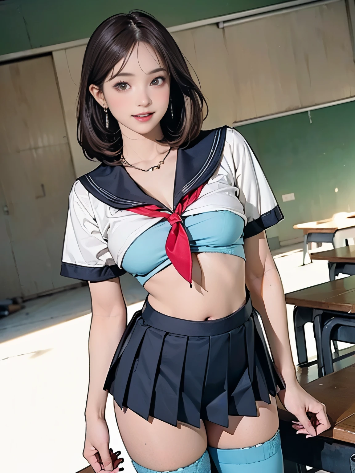 ((((Highest quality))))、(((Ultra-precision CG16K wallpaper)))、(((masterpiece)))、(((Super detailed)))、(((Extreme detail)))、((1Mature 29 year old woman:1.6))、((Very beautiful Japan face of a person))、((Urizane Face:1.8))、((Short bob straight hair、Straight Hair:1.8))、(Shiny Hair)、A delicately drawn beautiful face、(Dark Eyes、Reflected light from the eye)、double eyelid、High nose、Small nostrils、Small Mouth、Seductive lips、Beautiful breasts、((C cup size breasts))、Cleavage、Small belly button、Delicate nails、Beautiful feet、Thin thighs、eight-headed body、Perfect proportions、Perfect Anatomy、Perfect composition、Beautiful detailed shading、Beautiful, natural lighting、Beautiful detail glow、Depth of written boundary、(((High chroma)))、(((Real:1.9)))、((vivid:1.5))、((Beautiful Skin))、((Skin Texture))、((Realな皮膚感))、(((Cowboy Shot:1.6)))、(((front view、shoot from front、front low angle:1.6)))、(((Half-open mouth、Smiling face:1.5)))、(((looking at viewer:1.6)))、Bright daylight、Natural light、(((background_classroom:1.5)))、(Standing pose:1.6)、(((High school girl sailor uniform&Light blue low rise pleated mini skirt:1.6)))、((necklace、Wearing earrings:1.5))、((Lace Stockings Clothed))、