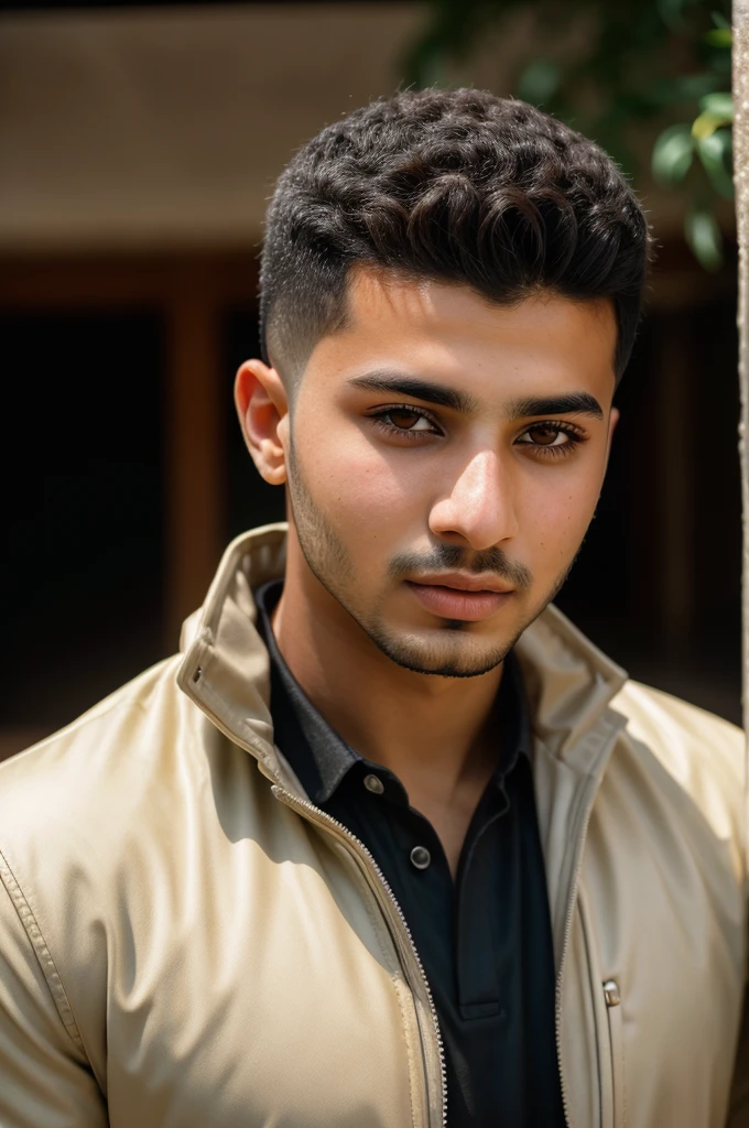 RAW photo of arabic young man, short hair, hunter eyes,(high detailed skin:1.2), 8k uhd, dslr, soft lighting, high quality, film grain, Fujifilm XT3, 