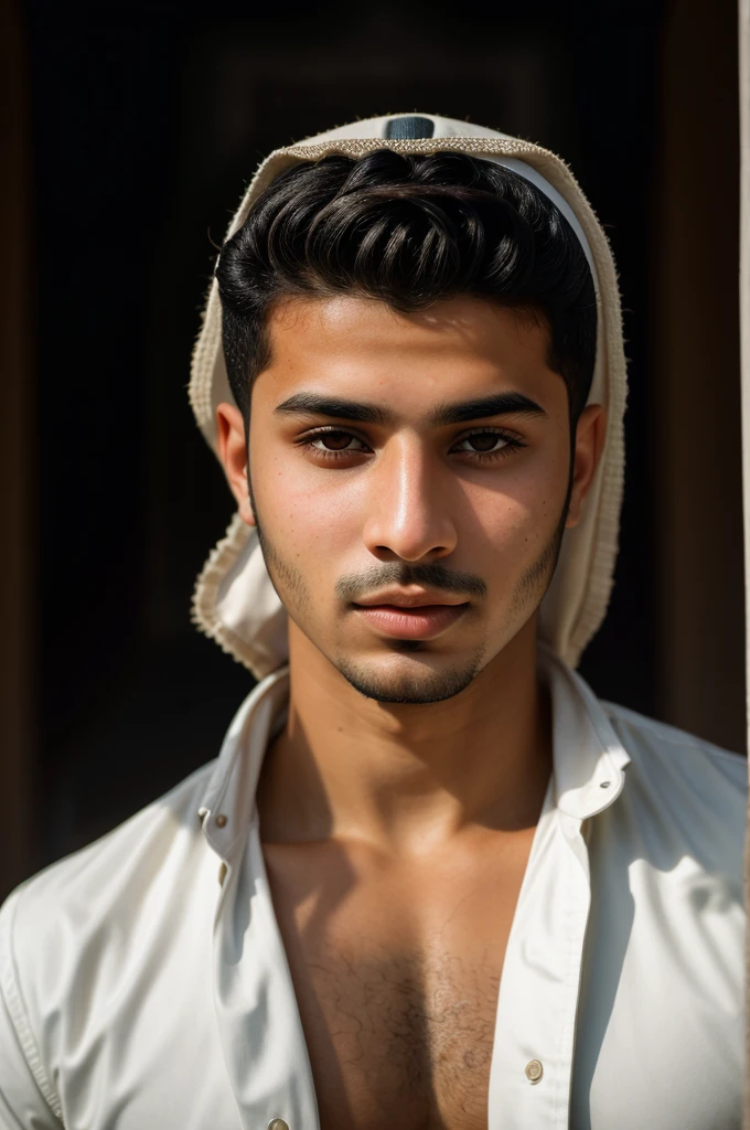 RAW photo of arabic young man, short hair, hunter eyes,(high detailed skin:1.2), 8k uhd, dslr, soft lighting, high quality, film grain, Fujifilm XT3, 