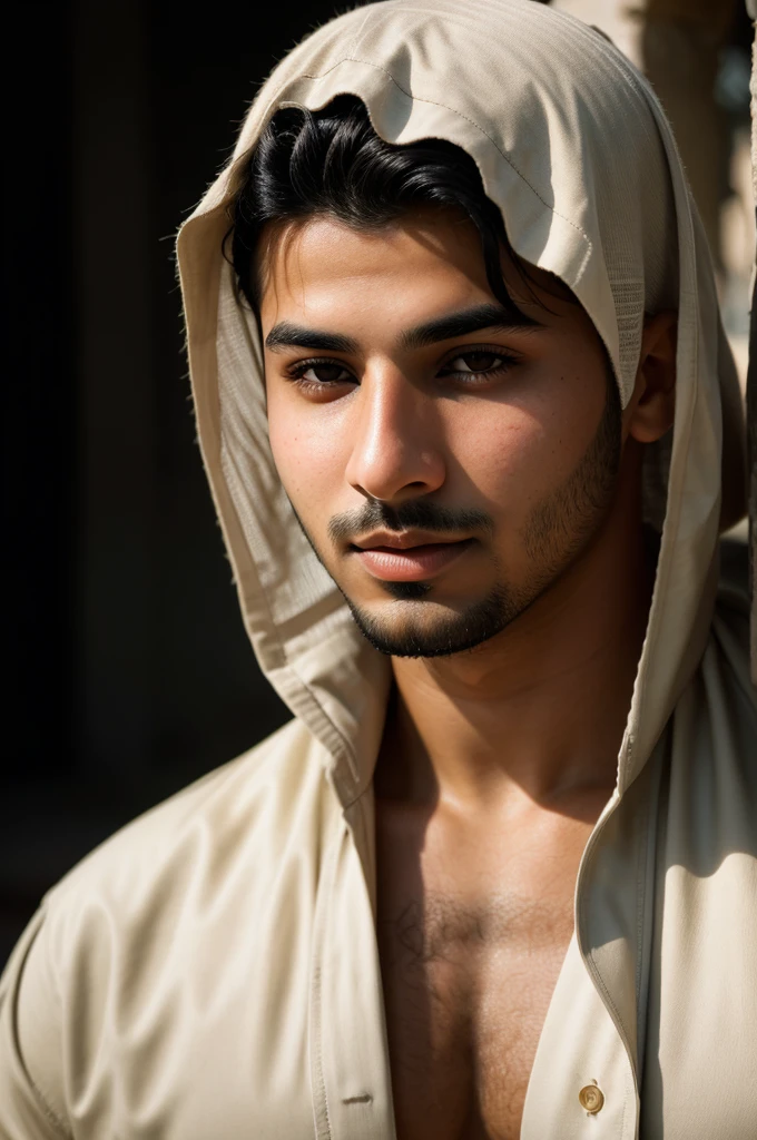 RAW photo of arabic young man, short hair, hunter eyes,(high detailed skin:1.2), 8k uhd, dslr, soft lighting, high quality, film grain, Fujifilm XT3, 