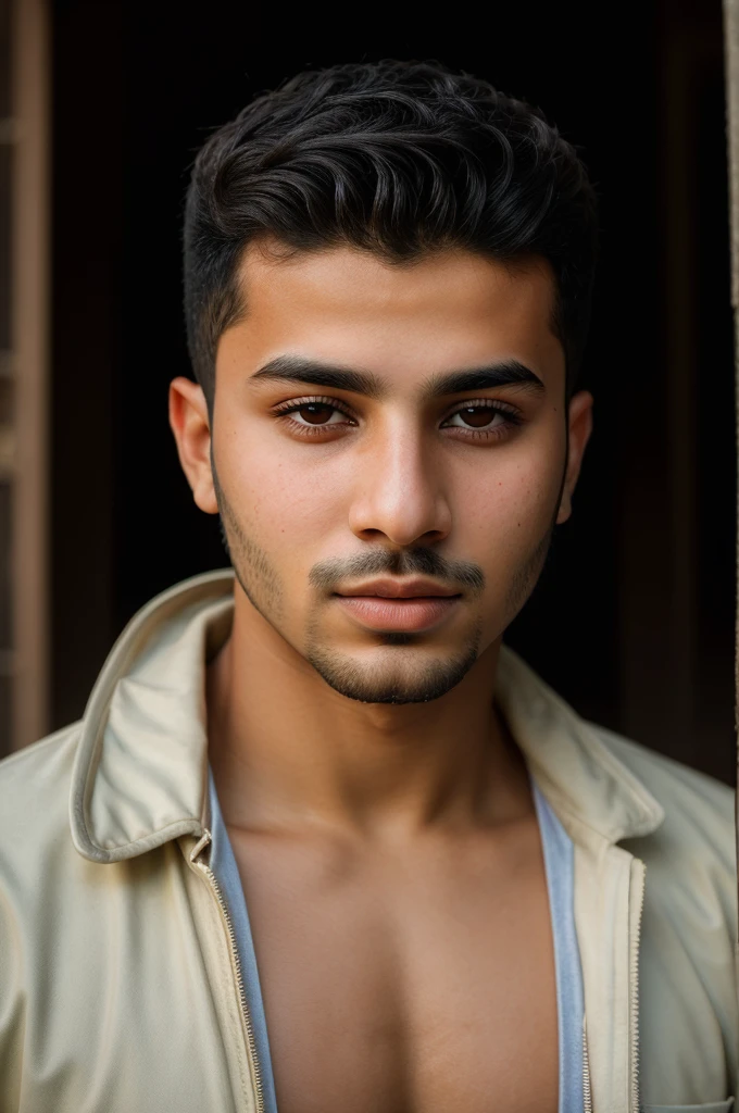 RAW photo of arabic young man, short hair, hunter eyes,(high detailed skin:1.2), 8k uhd, dslr, soft lighting, high quality, film grain, Fujifilm XT3, 