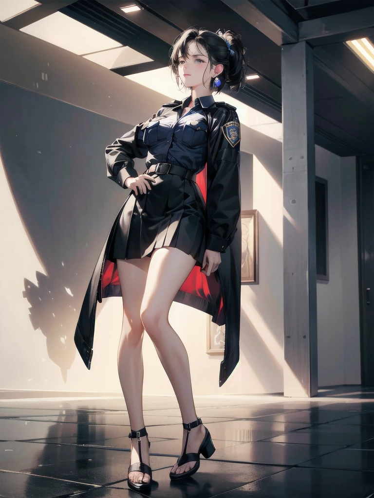 absurdres, RAW photo, extremely delicate and beautiful, masterpiece, Best Quality, ultra high resolution, 32k, hyperrealistic, ultra-detailed, in her 20s, delicate facial features, tearful mole, earring, medium breasts, full body shot, shorter middle hair, black hair, (police uniform), collared shirt, skirt,