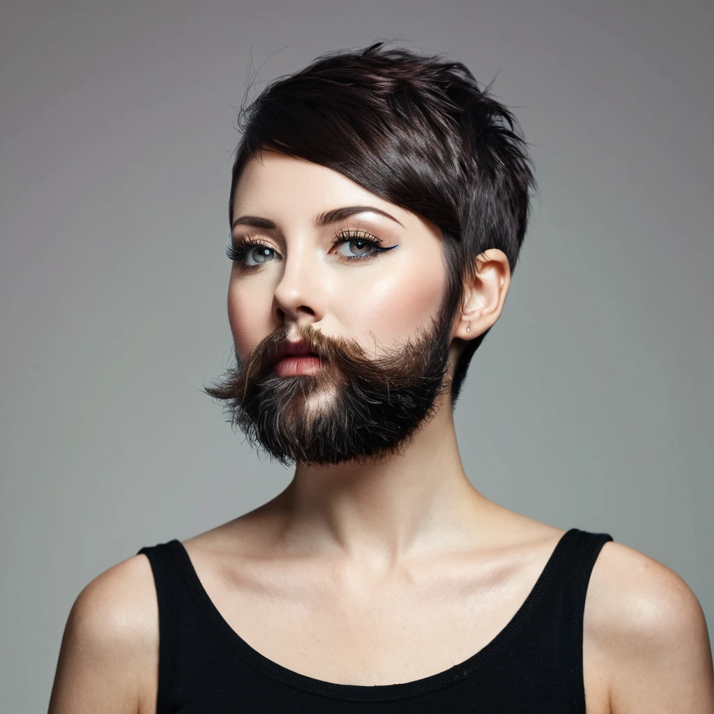 
woman with beard, short hair punk advertises a beard product