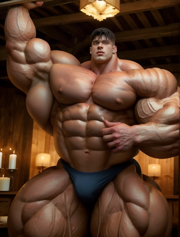 1boy, giant, alone, giant bodybuilder, wet, candle light, strong body, bulk, large size, stand, armpits, at large room with wooden wall, nude, white triangular underwear, massive bulge, extraordinary big, brutalmass, giant muscular body, bulk, buff, massive body, large meaty body size, extremely wide body,