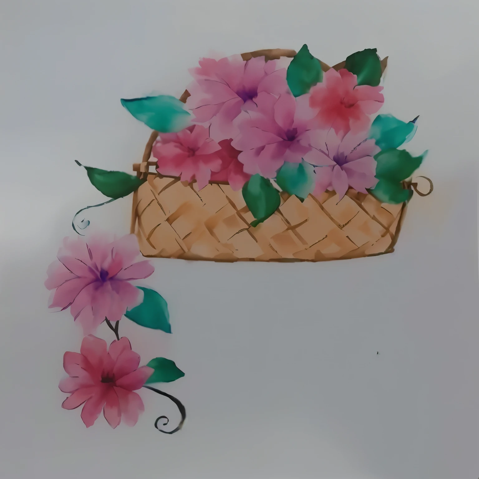 there is a picture of a basket with flors on it, Sombreamento Gouache 3D, arte simples pastel, arte pastel, arte pastelwork, with colored flors, flor decorations, Arte em papel de seda, Aquarela simples, decorated with flors, Pintura aquarela, desenho floral, flor, pintura em estilo pastel, aquarela sobre papel, papel aquarela, arte de modelagem em papel, estilo de desenho tradicional
