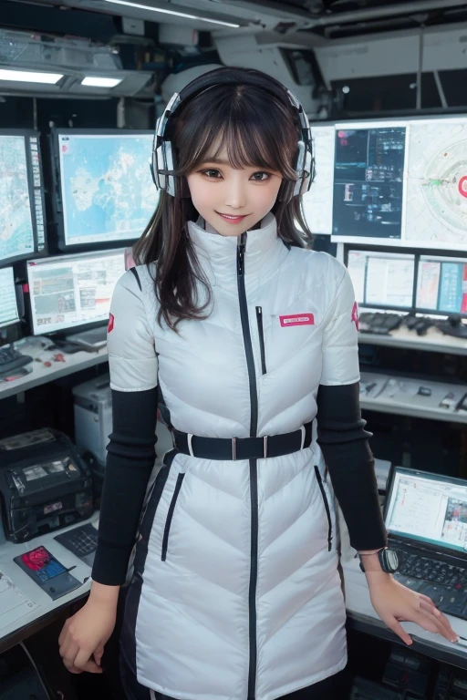 masterpiece, Highest quality, Very detailed, 8K Portrait,Japanese Android Girl,plump , Control panel,Robotic arms and legs, Blunt bangs,,break (Metallic Gray, Metallic luster, Mirror finish, Astro Best):5,headphone:5,break (Black sleeves):100,Smart Watches,Futuristic space station,Control Room,break headphone,blue eyes,(Black Hair):2,(Long Hair):1.3,Displaying the viewer,(respirator),break blush:3,Hidden Hand,smile