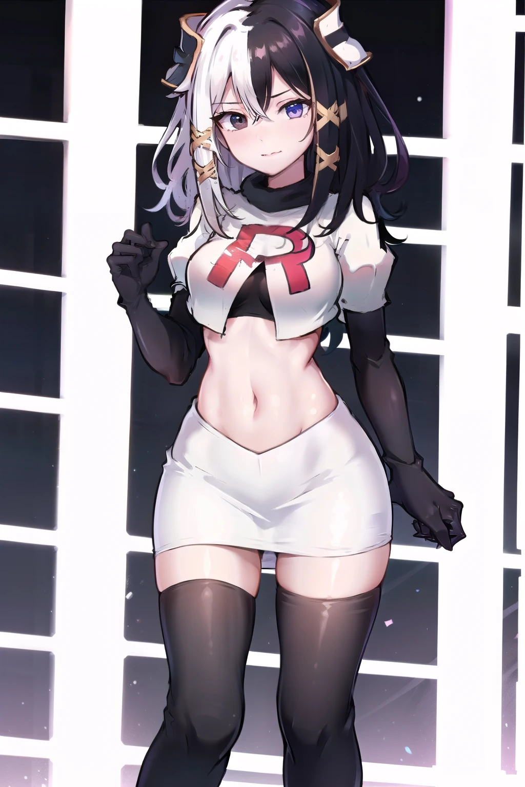 zesshi zetsumei, 1girl,solo, team rocket,team rocket uniform,white skirt,red letter R,crop top,black thigh-highs,black elbow gloves