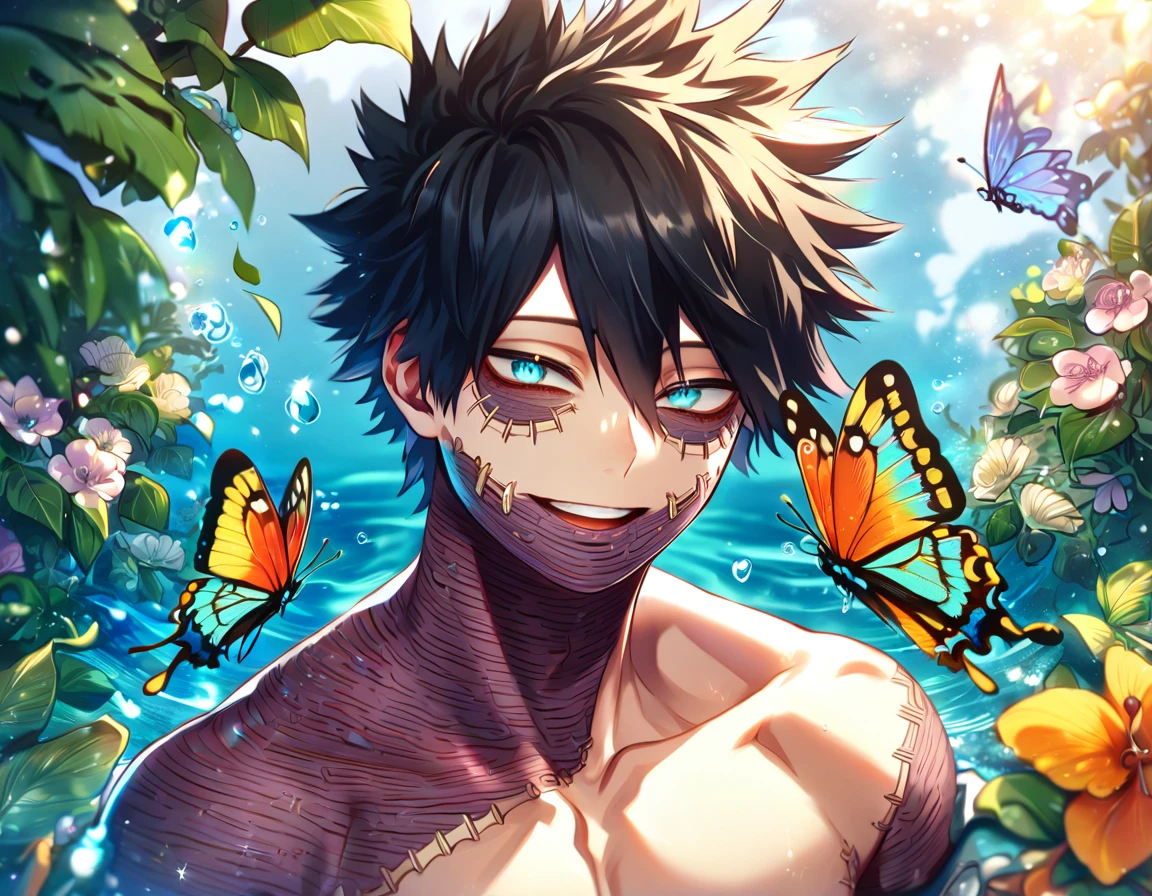 absurdres, highres, ultra detailed, HDR, master piece, best quality, extremely detailed face, delicated features, Dabi, black hair, expressive turquoise eyes, Boku No Hero Academia, solo, sexy man, handsome, smiling, bare chest, fantasy, magical, butterflies, summer, green leaves, flowers, water