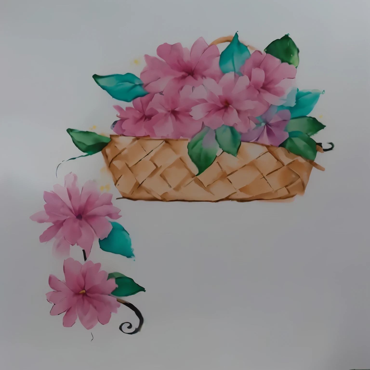 there is a picture of a basket with flors on it, Sombreamento Gouache 3D, arte simples pastel, arte pastel, arte pastelwork, with colored flors, flor decorations, Arte em papel de seda, Aquarela simples, decorated with flors, Pintura aquarela, desenho floral, flor, pintura em estilo pastel, aquarela sobre papel, papel aquarela, arte de modelagem em papel, estilo de desenho tradicional