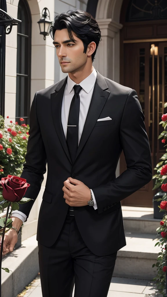 A handsome black-haired man holding a rose