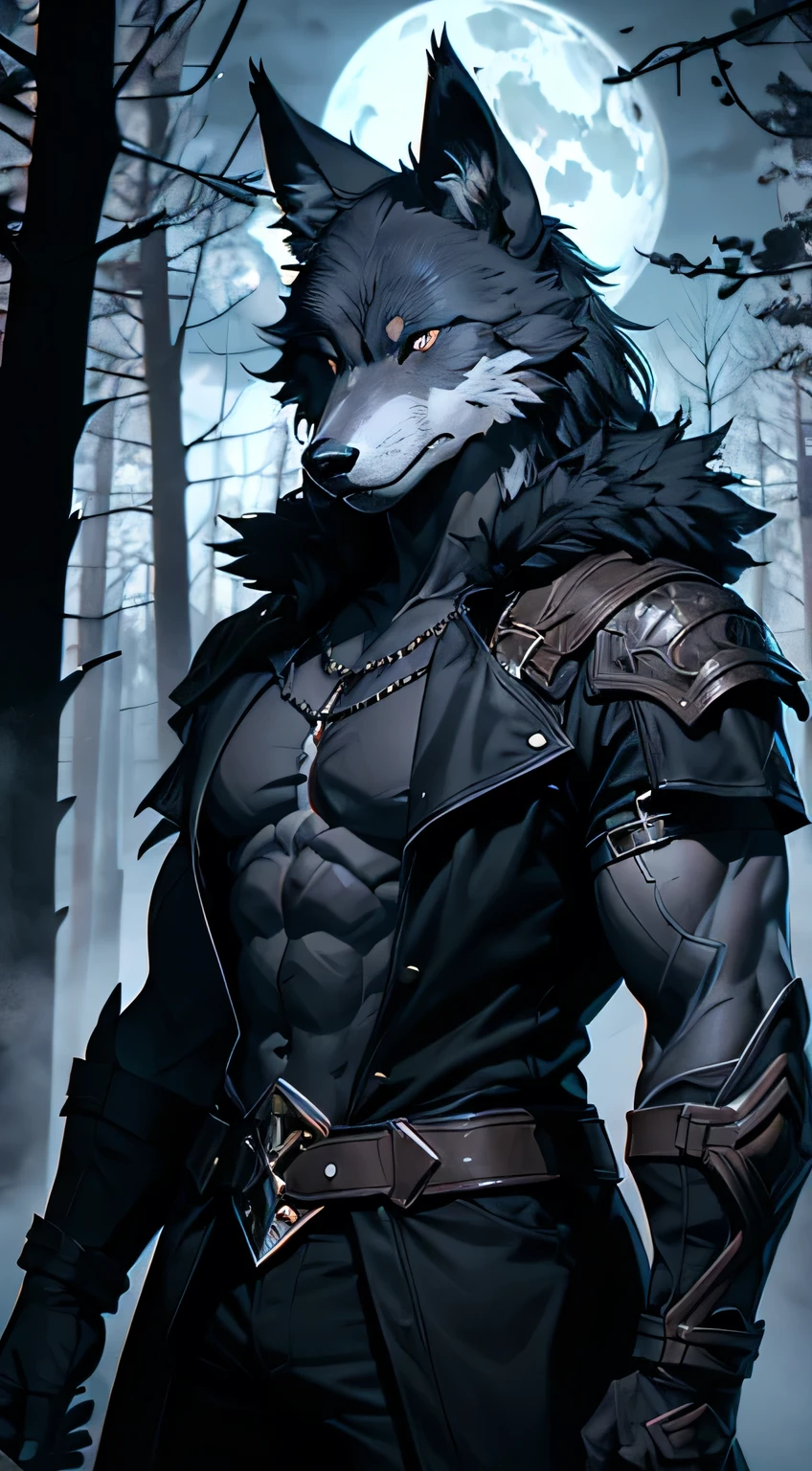 (absurd, high resolution, ultra detailed), 1 anthropomorphic wolf, adult, bluish gray fur, Pointed ears, medium furry tail, blue eyes, serious look, fantasy, night, dark theme, cinematic lighting, colorful, cloudy sky, forest Black, dark theme, night, Dark night, dark lighting, furious expression, defined, muscular body, black claws.