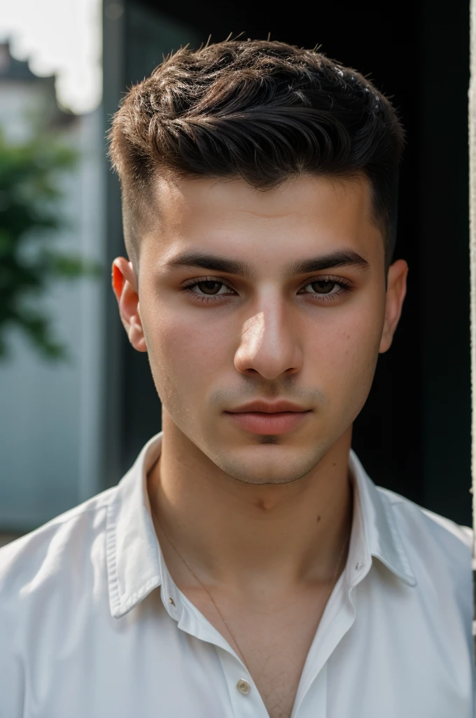 RAW photo of georgian young man, short hair, hunter eyes,(high detailed skin:1.2), 8k uhd, dslr, soft lighting, high quality, film grain, Fujifilm XT3, 