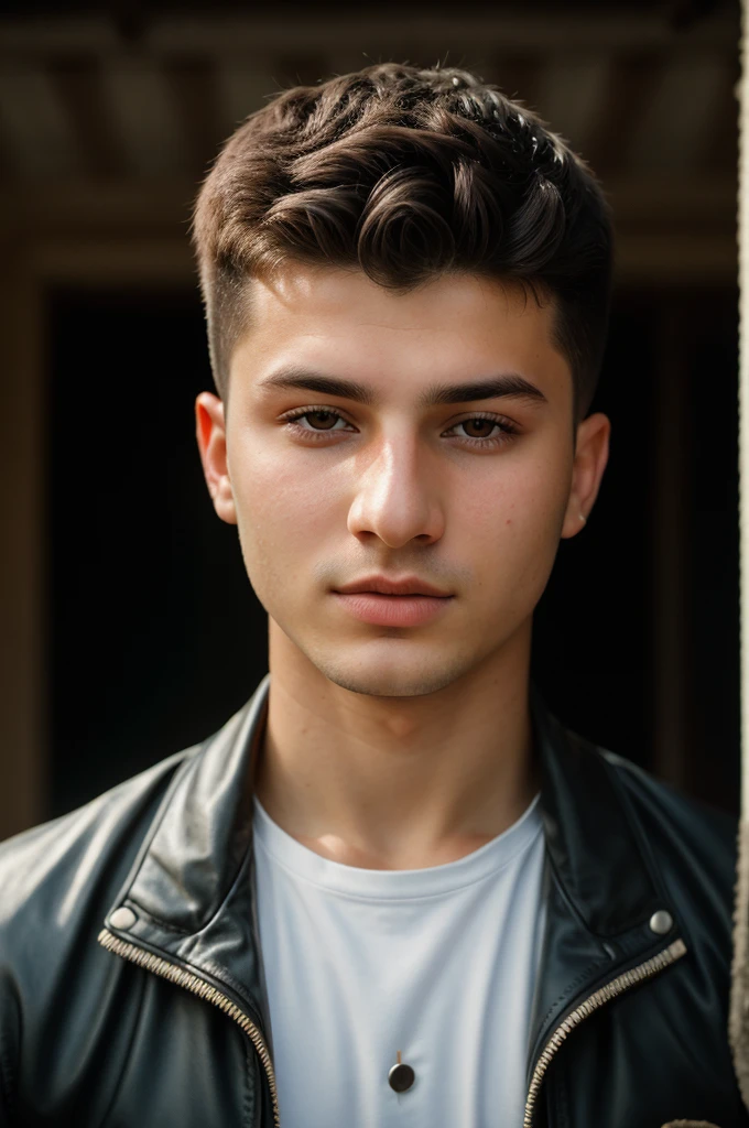 RAW photo of georgian young man, short hair, hunter eyes,(high detailed skin:1.2), 8k uhd, dslr, soft lighting, high quality, film grain, Fujifilm XT3, 