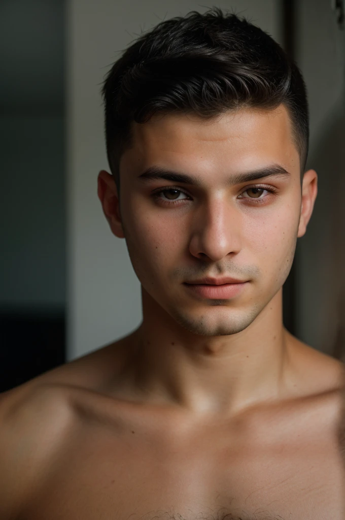 RAW photo of georgian young man, short hair, hunter eyes,(high detailed skin:1.2), 8k uhd, dslr, soft lighting, high quality, film grain, Fujifilm XT3, 