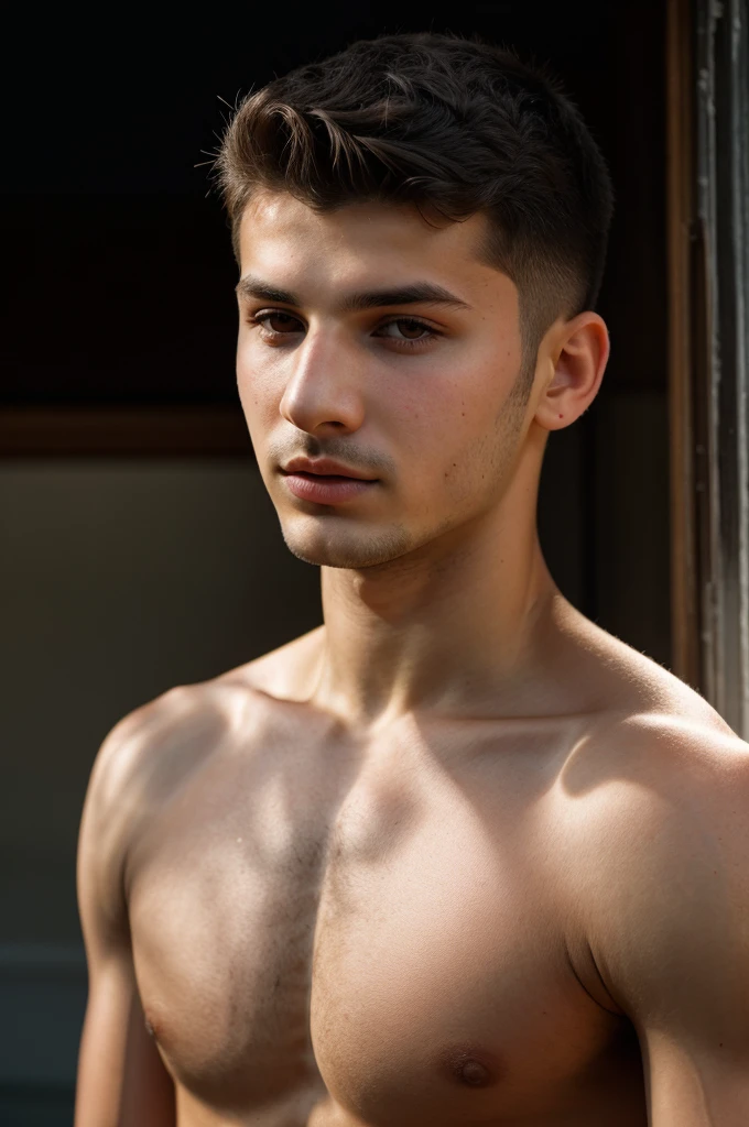 RAW photo of georgian young man, short hair, hunter eyes,(high detailed skin:1.2), 8k uhd, dslr, soft lighting, high quality, film grain, Fujifilm XT3, 