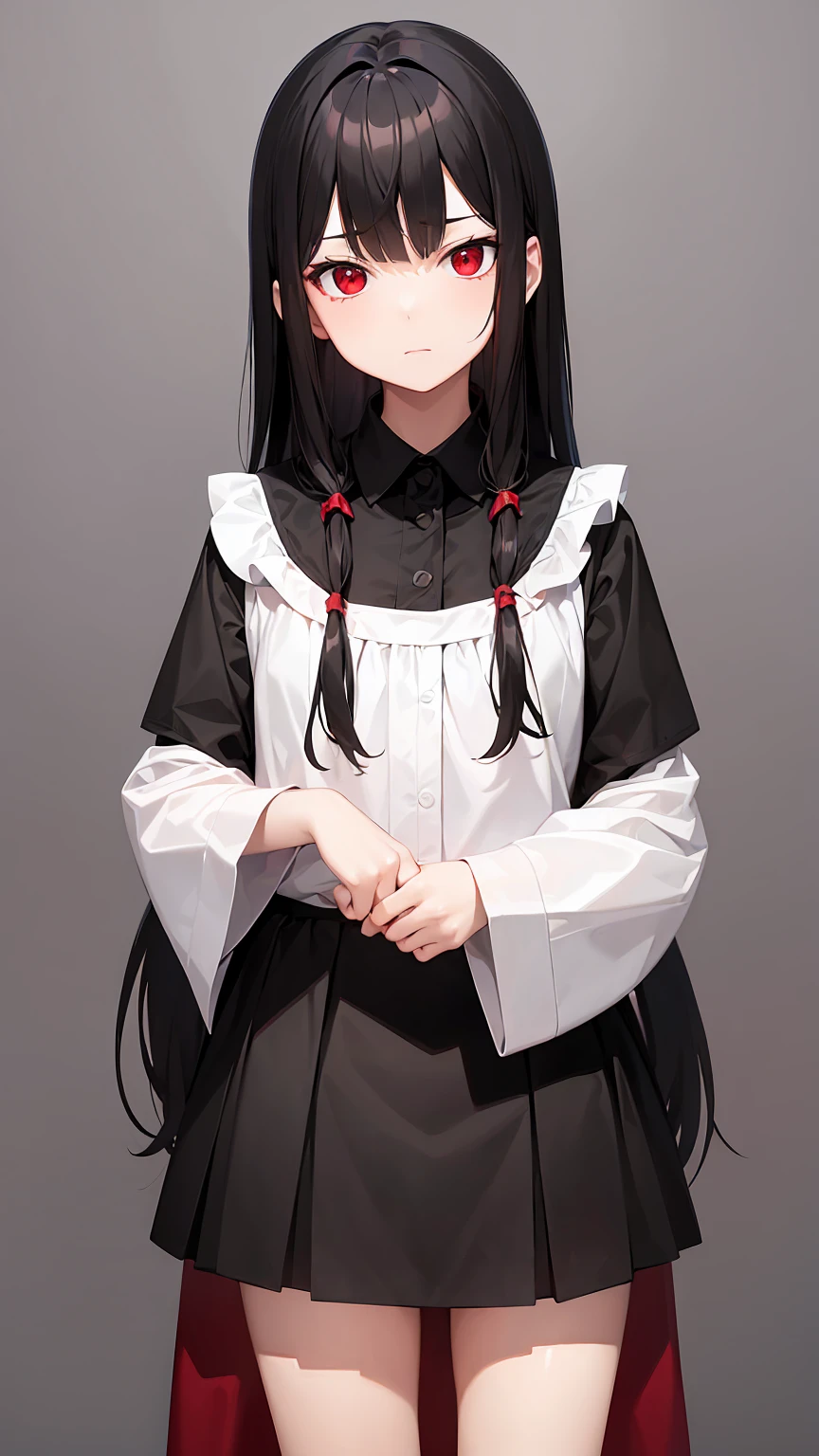(a ,standing,10 years old, triangle face, red eyes, black hair, one side hairstyle),Crimson blouse,skirt,green background,HD,highly detailed