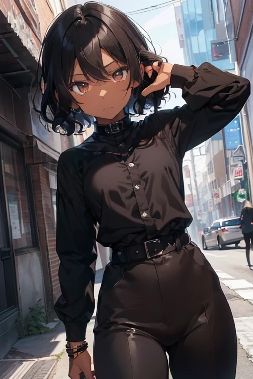 (1boy),(anime),(height 1.80cm),(16 year old teenager),(short curly black hair),(Dark brown skin color:1.5),(brown eyes),(wearing),+,(Stylish black pants with sinsas tones and a shiny black cape and wearing two bracelets on the left and right arm and wearing a black blouse with sinsas tones and black boots with gold details)