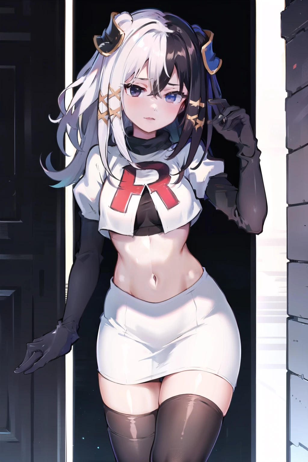 zesshi zetsumei, 1girl,solo, team rocket,team rocket uniform,white skirt,red letter R,crop top,black thigh-highs,black elbow gloves
