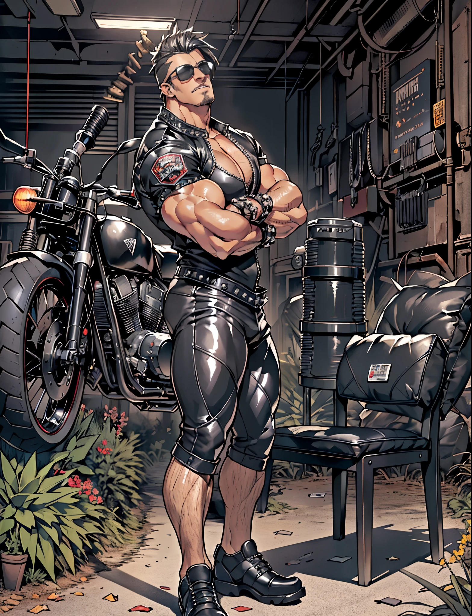handsome huge gangsta bodybuilder Roman Todd on motorcycle, huge muscles, crotch bulge, quilted and studded with high spikes black shiny leather jacket, black shiny leather shirt, black shiny leather pants, black sunglasses, industrial architecture: 1.4), retrofuturism, insane details, (Fujiflim XT3), 20 megapixel,