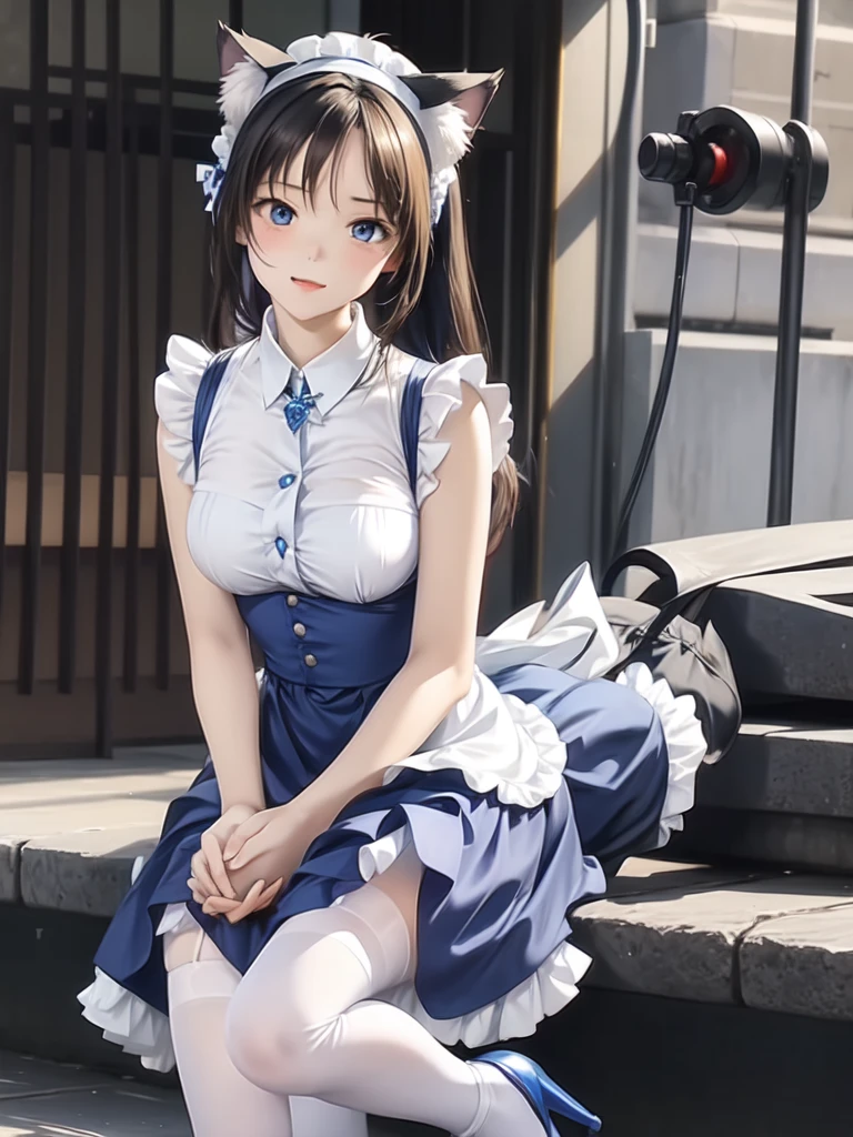 A little dressed in blue and white,Extremely shy and feminine posture ,Mouth open,The mouth seems to be longing,There are cat ears,nakeness,Cover private areas with your hands,Wear and white stockings、stiletto