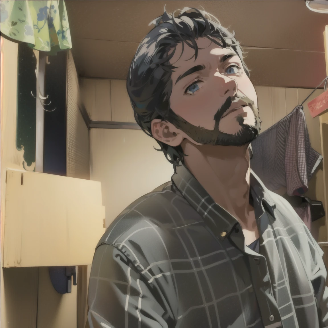 a lonely man with beard looking to the camera , 2D , anime style, ghibli style