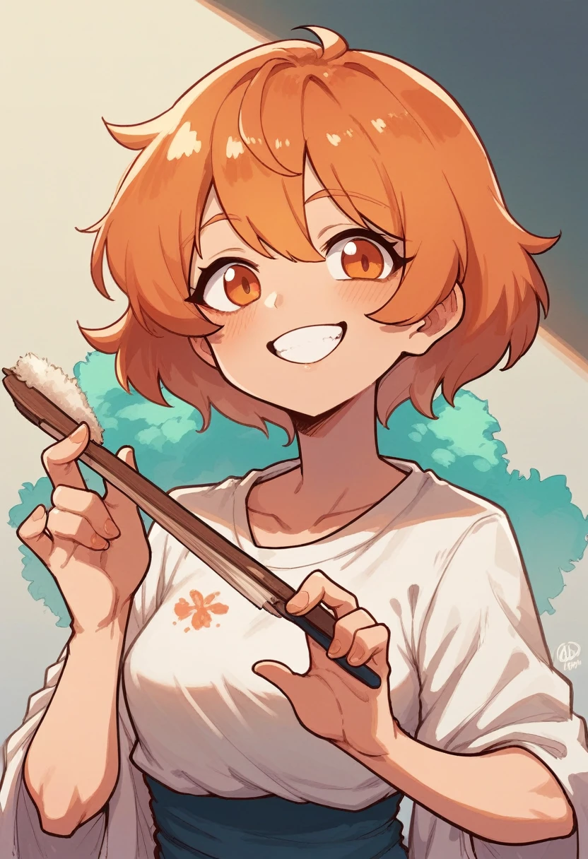 Isfp an isfp anime girl with orange eyes short orange hair (isfp) classic modern clothes painting and smiling happy for her painting 1 an anime girl (isfp) 