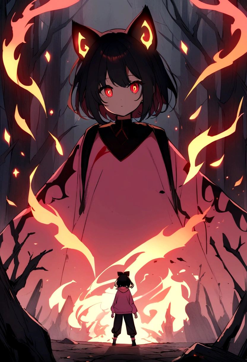 an anime girl eyes with a black iris and red pupils, black hair with pink highlights with small hair bow with small blue and yellow cubes decoration on the bow, on the right side of the head. She wears a pink sweatshirt that is too big for her and small black sweatpants.. She has a red aura of flames that surrounds her violently.. Gray cat-shaped energy ears emerge like smoke like an energy tail.. He is in a forest with a broken ground