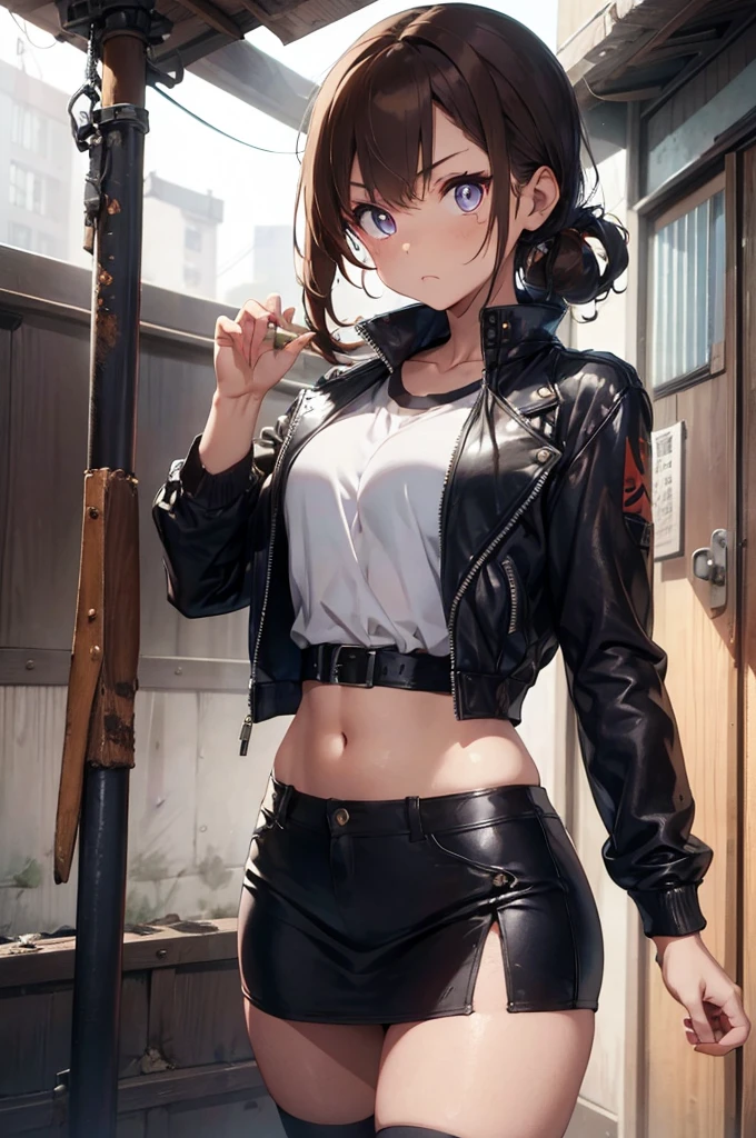 1 female, fierce, post-apocalypse, young ???, asian, spiked baseball bat, cute, full sleeve geisha tattoo, Leather jacket, hourglass figure, light brown hair, blue pupils, pout, best quality.