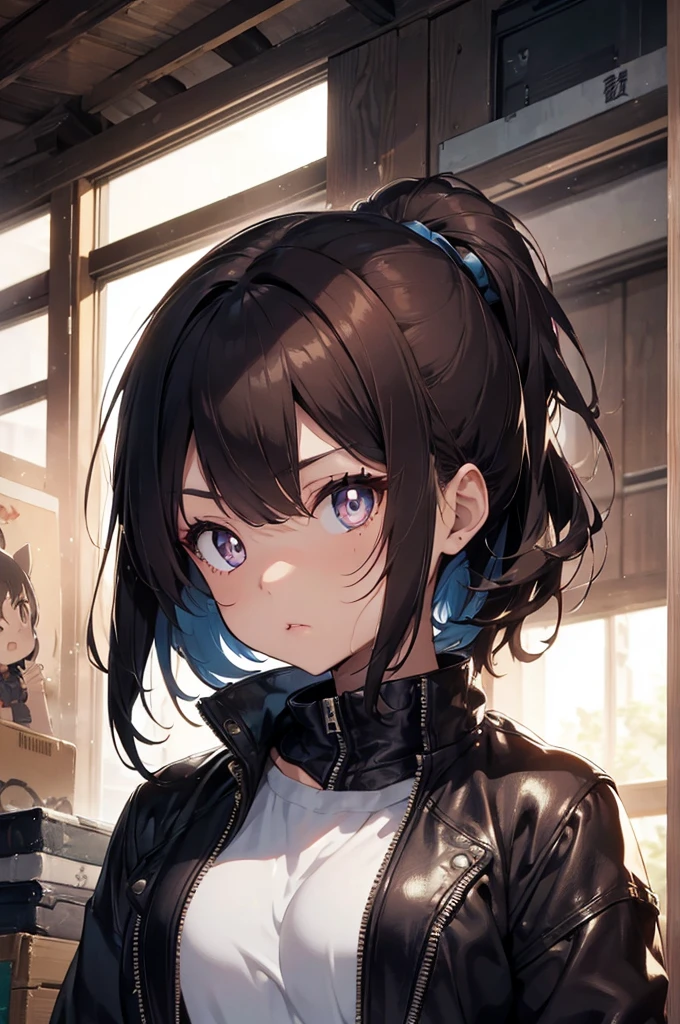 1 female, fierce, post-apocalypse, young kid, asian, spiked baseball bat, cute, full sleeve geisha tattoo, Leather jacket, hourglass figure, light brown hair, blue pupils, pout, best quality.
