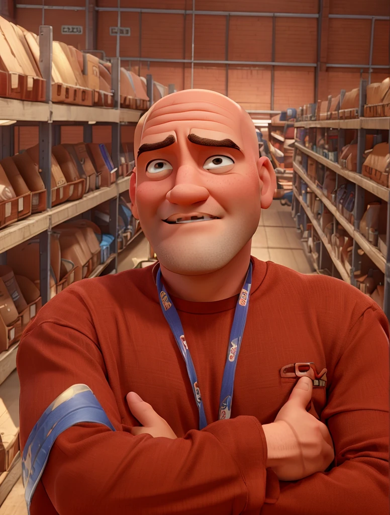 Bald man, disney pixar style, red shirt, inside a warehouse, high qualiy, best qualityer.

