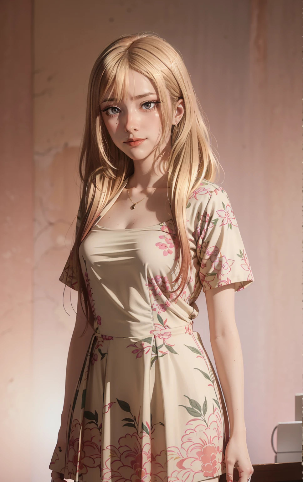 Masterpiece, Best quality, Highly detailed, 1girll, Solo, (:3:1.1), blonde hair, Blush, ((red eyes)), Gradient background, hair adornments, Japanese high school clothes, look at the viewer, (marin kitagawa), Smile, Solo, Beautiful lighting