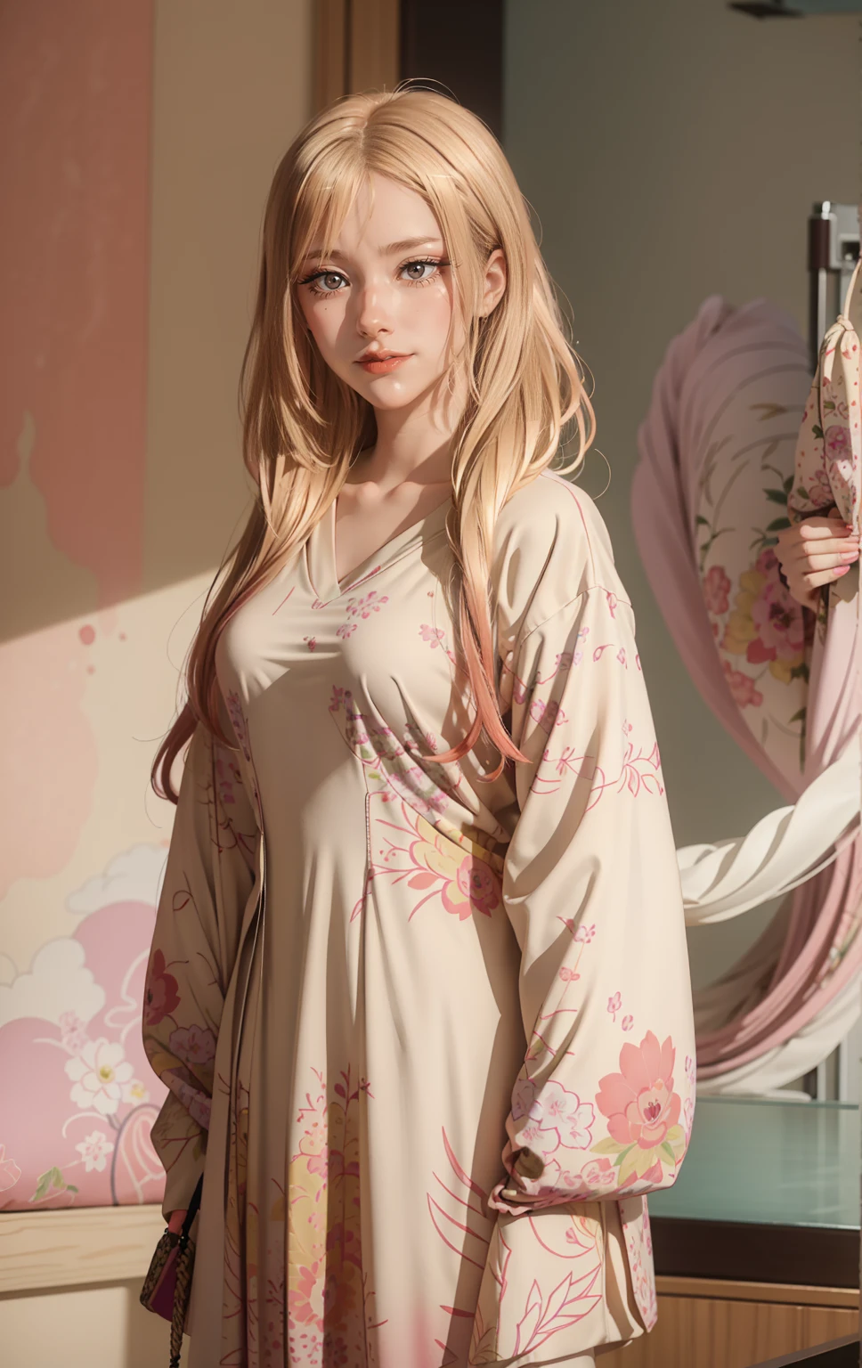 Masterpiece, Best quality, Highly detailed, 1girll, Solo, (:3:1.1), blonde hair, Blush, ((red eyes)), Gradient background, hair adornments, Japanese high school clothes, look at the viewer, (marin kitagawa), Smile, Solo, Beautiful lighting