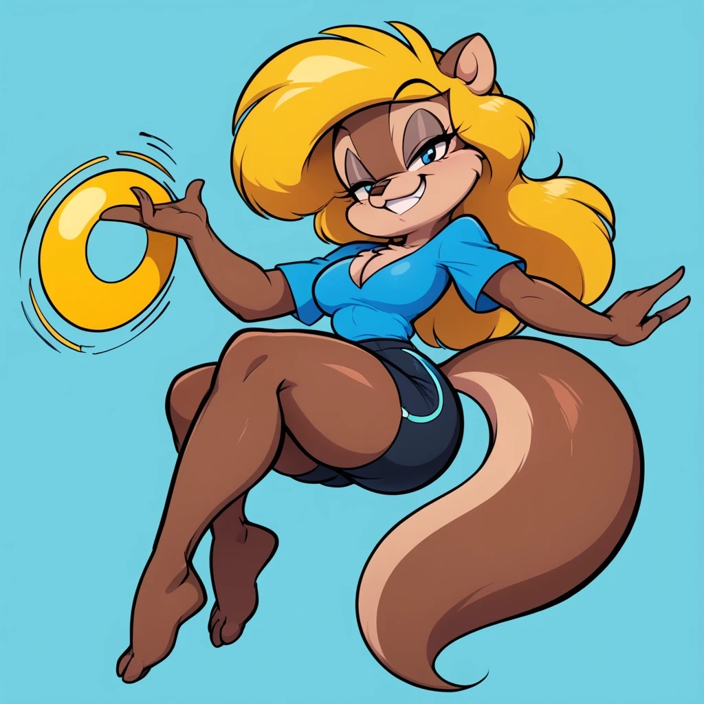 score_9, score_8_up, score_7_up, score_6_up, score_5_up, score_4_up, (Source furry),  1girl, solo, looking at viewer, smile, blue eyes, turquoise blue background, shirt, turquoise blue background, animal ears, cleavage, medium breasts, smug while teeth singing, digital obstacles everywhere in the background, sitting down until she gets respect, smug expression, tail, full thick body, barefoot, furry, cyberworld environment, standing and posing a pin up pose, black swimming shorts, has thick thighs, thick thighs, yellow smiley face shirt, animal nose, snout, amy squirrel , blonde hair, long hair, two tone fur, brown fur, furry female, body fur, humble sexy look,