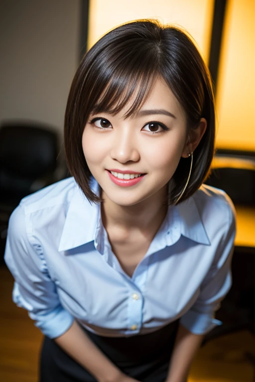 (A beautiful Japanese office lady, age 28, wearing formal White shirt with buttons & grey mini-skirt, standing under midnight sky, thoughtful expressions, kind smile, dimpled chins, cute snaggle-tooth, short bob hair ponytail, symmetrical face, realistic detailed face, beautiful detailed eyes, perfect body proportions, ample round bosoms, photorealistic, hyper-realism, high contrast, ultra HD, realistic skin textures, top image quality, top-quality, super high resolution, fine details, very meticulously, masterpiece, head to knees, High Angle Shot, bokeh background)