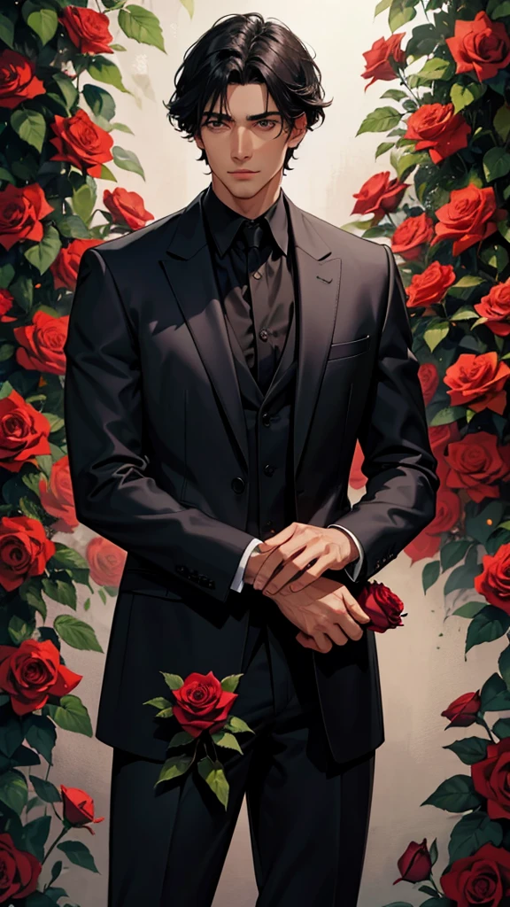 A handsome black-haired man surrounded by roses