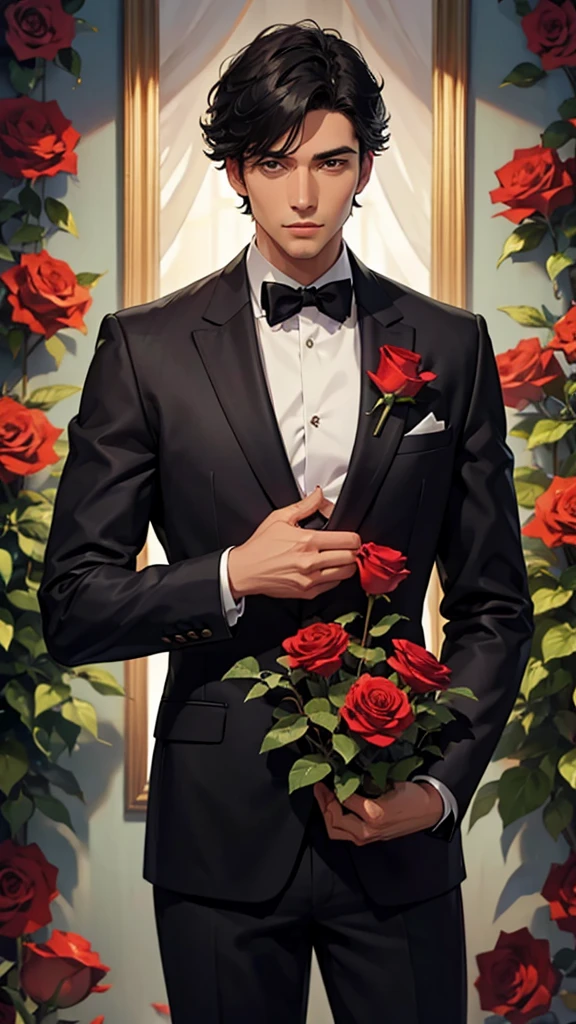 A handsome black-haired man surrounded by roses