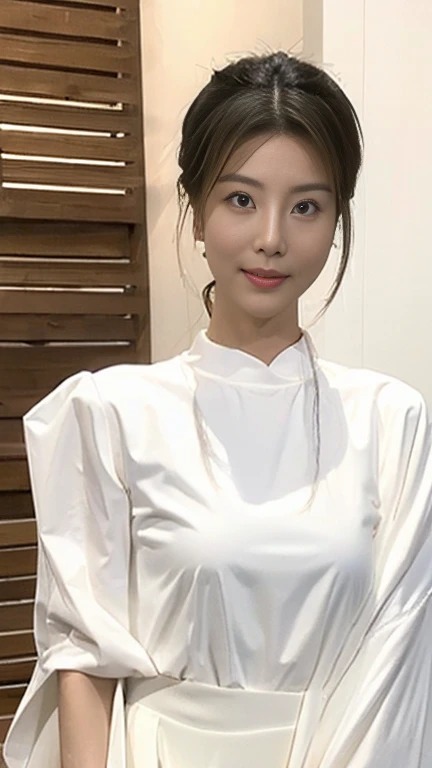 (Photo-realistic style, 超High resolution, 16K, High resolution, masterpiece), Very detailed, Perfect ???????, Beautiful eyes、Anatomically correct eyes、Correct eye position、Detailed face, Detailed eyes, Solo Japanese Mature, 50 years old、After shopping、Neighbor's wife、ponytail、White T-shirt with round neck、bedroom BREAK (A long skirt that is divided in the middle into white and brown:1.2)、pumps、(Full body photo:1.4)、
