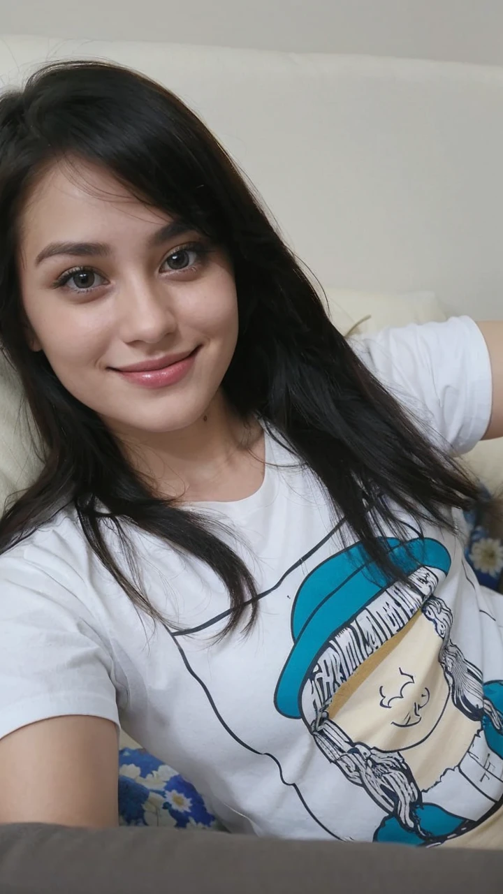 a beautiful woman sitting on a couch, 2 , friedly smile, 2 8 years oldrate face, 3 0 years old woman, 30 years old woman, 2 2 years old, real ungirs old, slight cute smile, 2d, with kind face