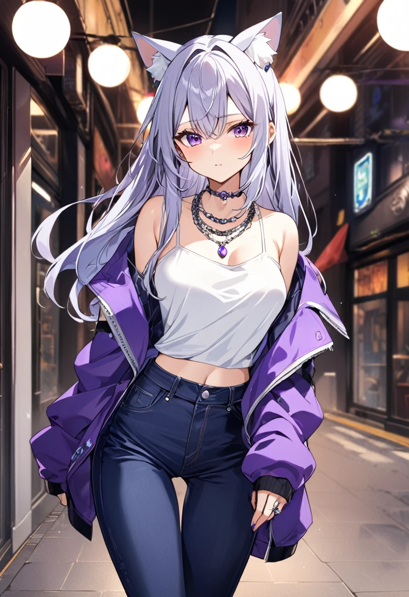 1girl, silver long hair, silver cat ears, bright purple eyes, wearing purple jacket, wearing white undershirt, wearing dark blue jean pants, wearing a necklace with a ring, exposing shoulders