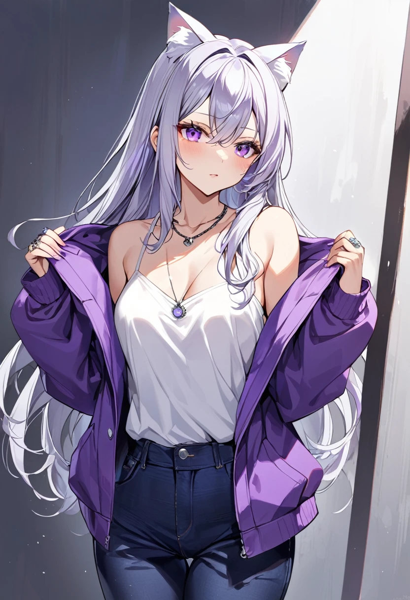 1girl, silver long hair, silver cat ears, bright purple eyes, wearing purple jacket, wearing white undershirt, wearing dark blue jean pants, wearing a necklace with a ring, exposing shoulders