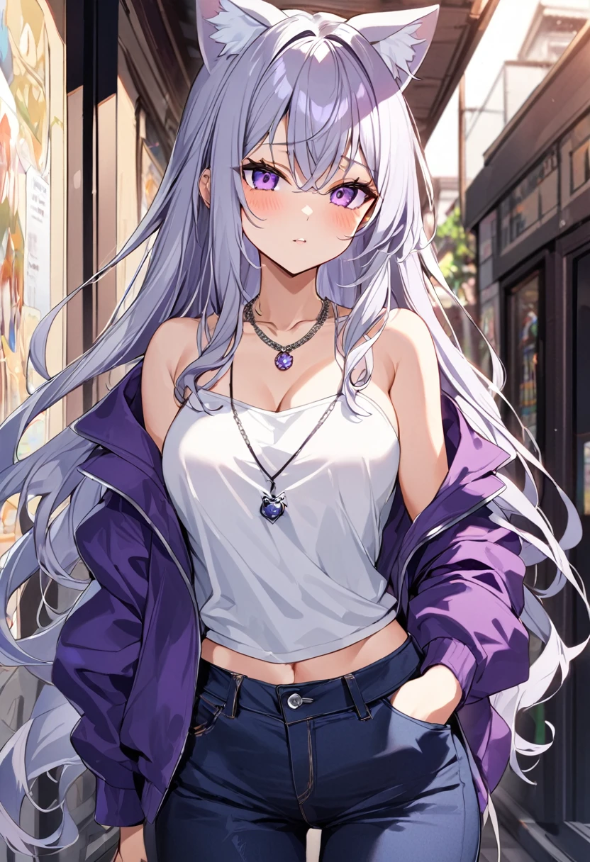 1girl, silver long hair, silver cat ears, bright purple eyes, wearing purple jacket, wearing white undershirt, wearing dark blue jean pants, wearing a necklace with a ring, exposing shoulders