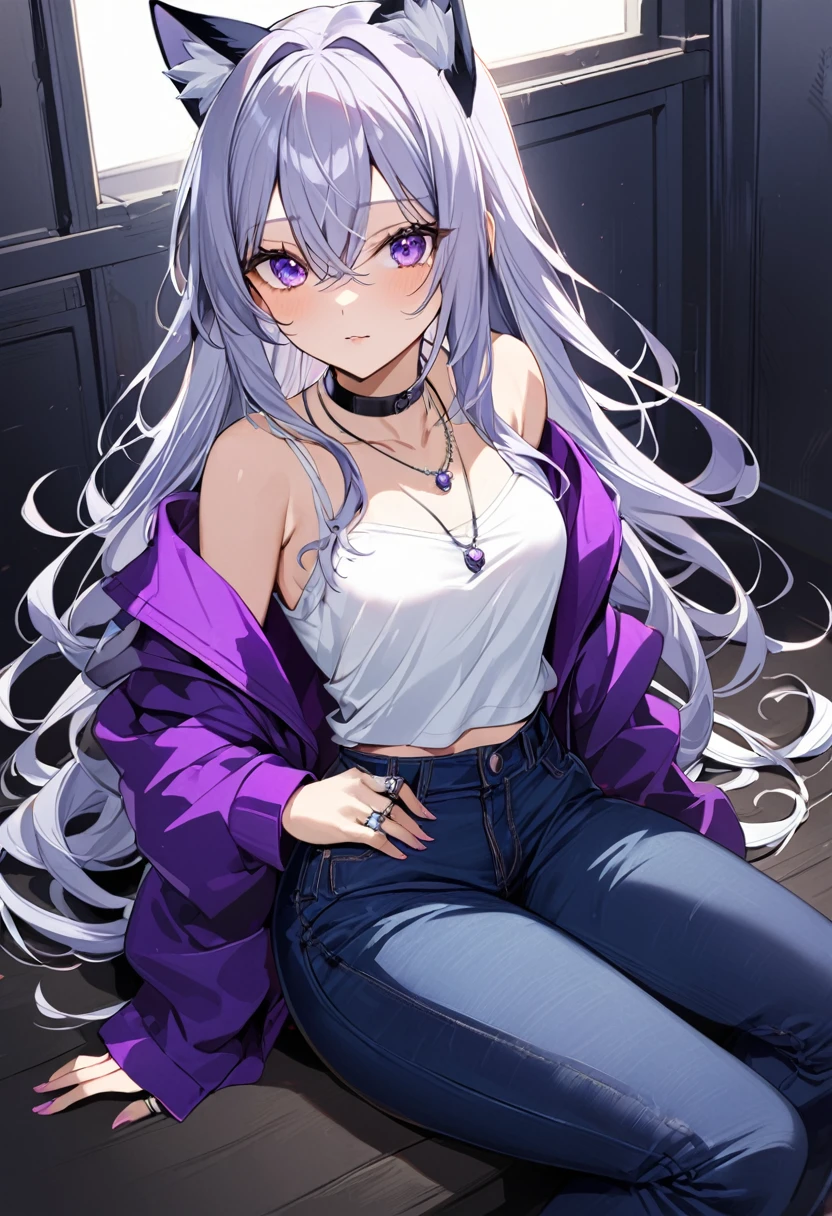 1girl, silver long hair, silver cat ears, bright purple eyes, wearing purple jacket, wearing white undershirt, wearing dark blue jean pants, wearing a necklace with a ring, exposing shoulders