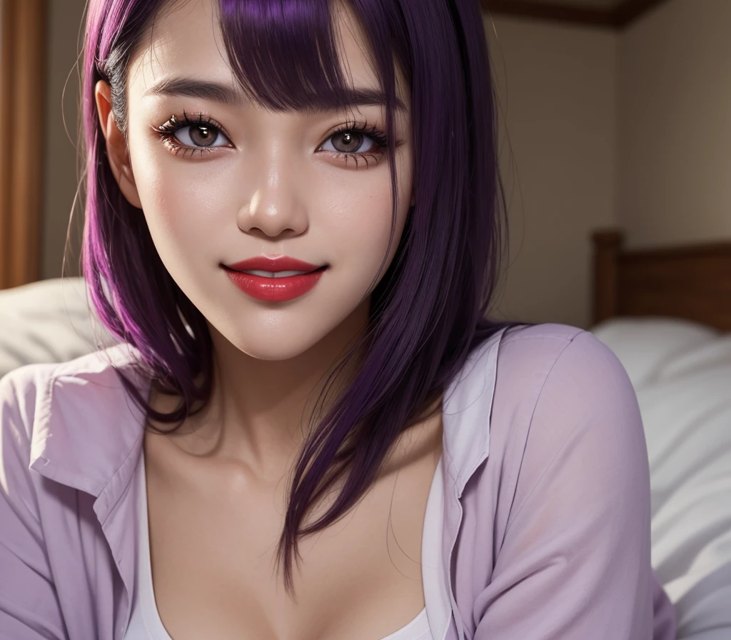 1 girl, 25 years old, south korean, 4k, masterpiece, realistic, realistic textures, frekles under eyes, long whavy black hair, purple fade hair, shining brown pupils, detailed pupils, red lips, red eyeliners, happy, big smile, closed mouth, sagging breasts, convex areolas, transparent shirt, multiple of frekles under eyes, detailed face, lying in bed, facing camera, bright colors, close up, face focus.