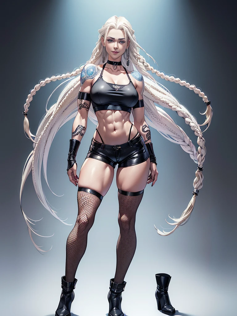 ((best quality)), ((4k)), ((highres)), ((masterpiece:1.2)). ((detailed)), ((ultra realistic)), ((intricate details)), ((full body picture)), (((character design sheet)), ((solo character)), a full body picture of a beautifull norwegian female, scandinavian woman, scandinavian, pale skin, ((emphasis on her pale skin)), ((blank background)), a warm smile on her face, ((a warm smile)), perfect face, gorgeous face, ((vivid blue eyes)) detailed eyes, detailed lips, ((no makeup)), ((nose ring)), about 25 years old, about 5'7 tall, white woman with short platinum blonde dreadlocks up to her shoulders, ((emphasis on white woman with short platinum blonde dreadlocks up to her shoulders)), ((platinum blonde rasta hairstyle)), ((not too bushy dreadlocks)), ((not skinny looking)), ((powerlifter body)), ((tattoos on both her arms)), ((black finger nails)), dressed in a ((black short-sleeve crop top)), midriff ((FLAT ABS)), she's wearing ((fishnet tights under her high waisted black booty shorts)), ((black leather booties with no heels)), ((black choker)), fighting game character concept art, tekken character design, the king of fighters character concept, full bofy, full body concept art, full body art