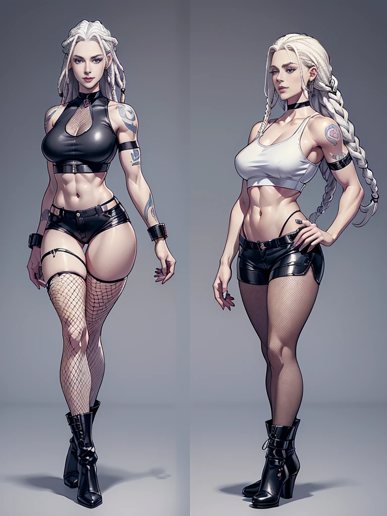 ((best quality)), ((4k)), ((highres)), ((masterpiece:1.2)). ((detailed)), ((ultra realistic)), ((intricate details)), ((full body picture)), (((character design sheet)), ((solo character)), a full body picture of a beautifull norwegian female, scandinavian woman, scandinavian, pale skin, ((emphasis on her pale skin)), ((blank background)), a warm smile on her face, ((a warm smile)), perfect face, gorgeous face, ((vivid blue eyes)) detailed eyes, detailed lips, ((no makeup)), ((nose ring)), about 25 years old, about 5'7 tall, white woman with short platinum blonde dreadlocks up to her shoulders, ((emphasis on white woman with short platinum blonde dreadlocks up to her shoulders)), ((platinum blonde rasta hairstyle)), ((not too bushy dreadlocks)), ((not skinny looking)), ((powerlifter body)), ((tattoos on both her arms)), ((black finger nails)), dressed in a ((black short-sleeve crop top)), midriff ((FLAT ABS)), she's wearing ((fishnet tights under her high waisted black booty shorts)), ((black leather booties with no heels)), ((black choker)), fighting game character concept art, tekken character design, the king of fighters character concept, full bofy, full body concept art, full body art