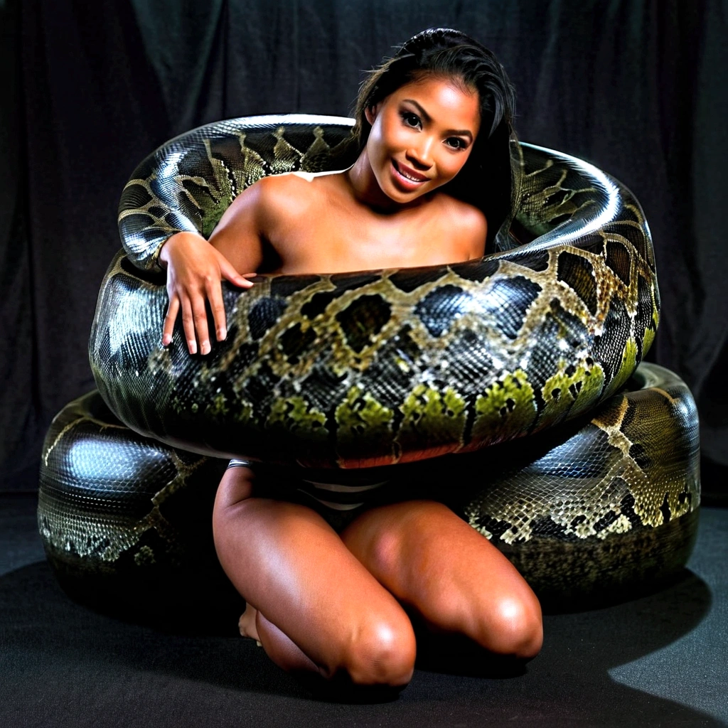 Happy Horny, aroused 1girl), beautiful kneeling Filipino young girl with giant colossal black titanboa squeezing her hard, wrapped in thick spiraling coils, constricted, struggle, gasping for air, snake attack, snake peril, moonless night, dim light