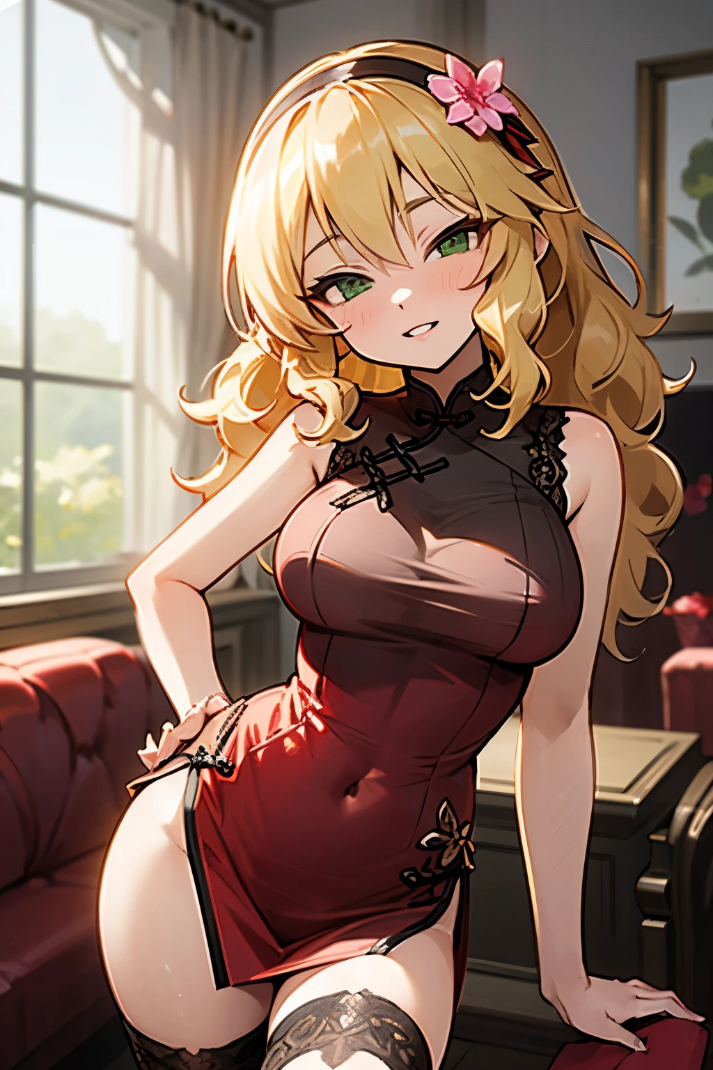 masterpiece,best quality, ultra-detailed,1girl(sakurai momoka, Slender and sexy body, lovely big breasts, wavy hair, long hair,blonde hair, headband, pink flower in hair,green eyes), a bright face,  light smile, parted lips, nose blush, blush, facing viewer , looking at viewer, head tilt, solo, red china dress, short dress, sleeveless, black lace thighhighs, in the livingroom, standing, Sexy waist teasing 